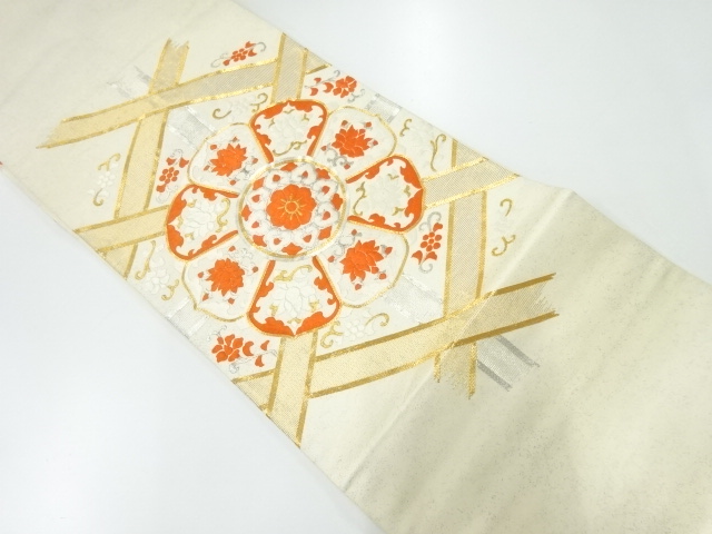 JAPANESE KIMONO / ANTIQUE FUKURO OBI / SILK / EMBROIDERY / FLORAL CREST